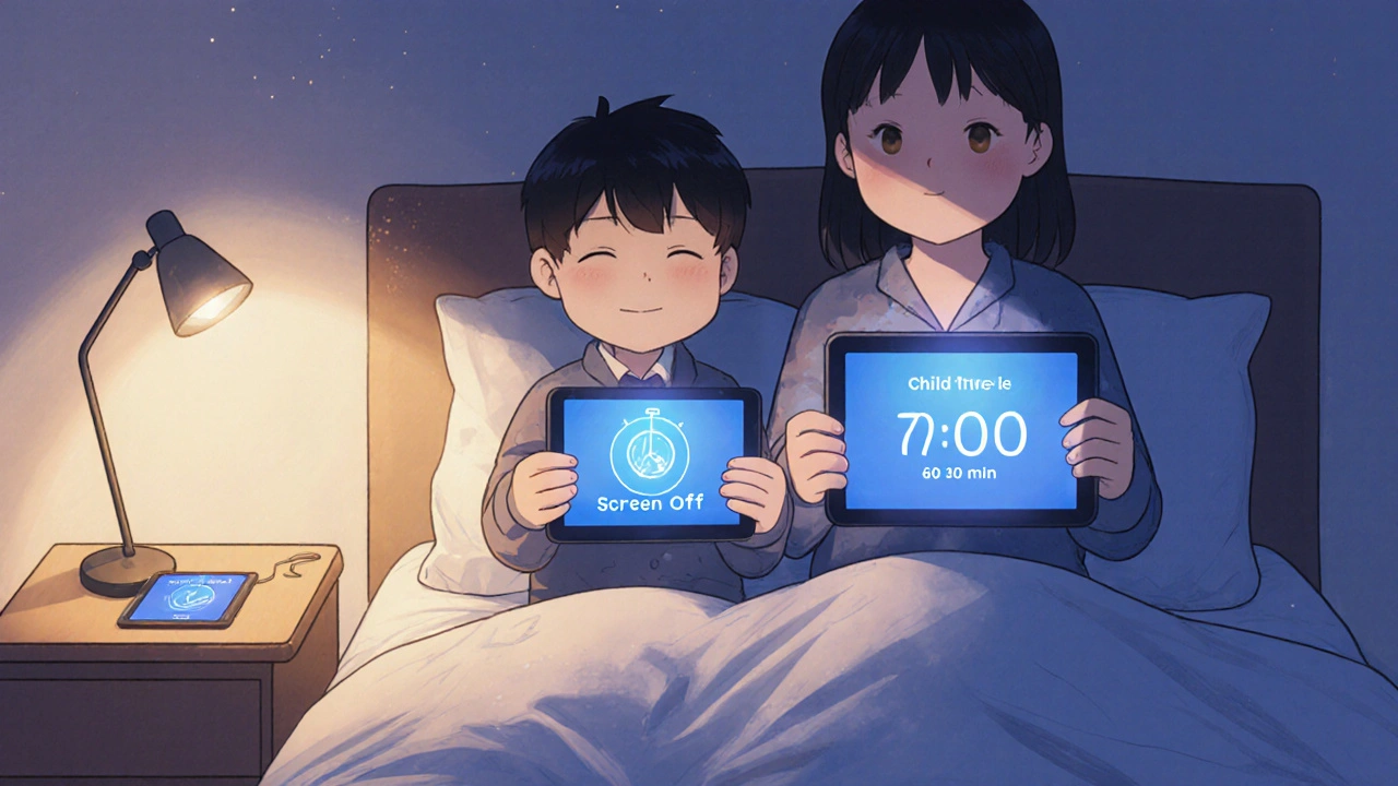 Bir ebeveyn ve çocuk, uyku öncesi ekranları kapatıyor.