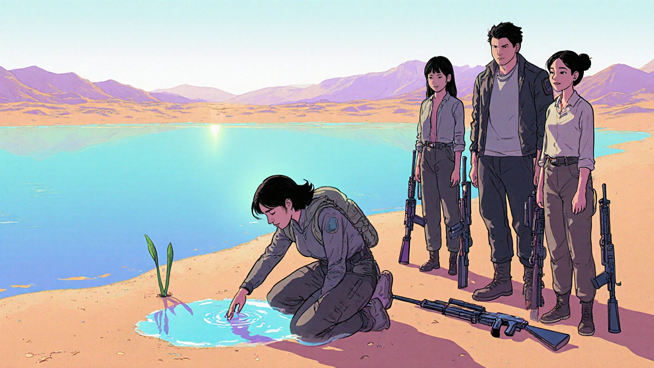 Bir göl kenarında Furiosa suya dokunuyor, Max ve diğer kadınlar sessizce bakıyor, arka planda yeşil bir çim çıkıyor.