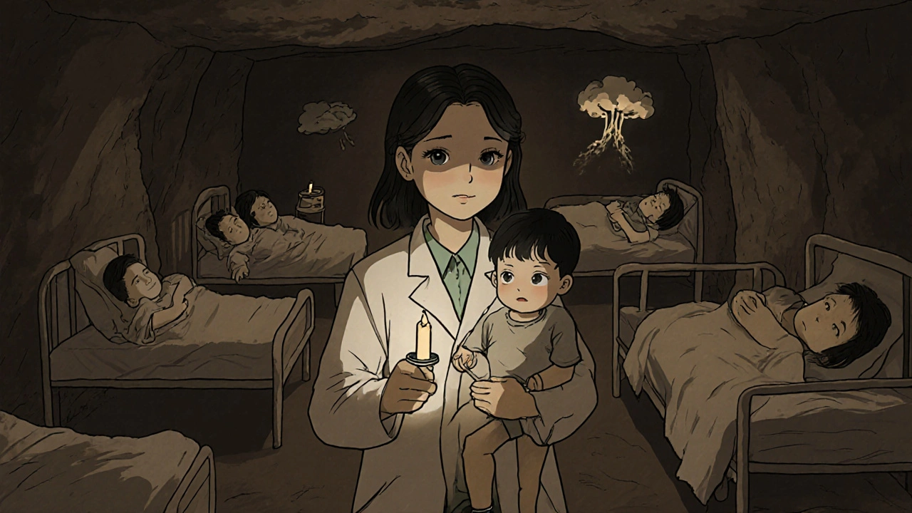 Bir kadın doktor, sığınakta bir çocuğu kucaklayarak ilacını veriyor.