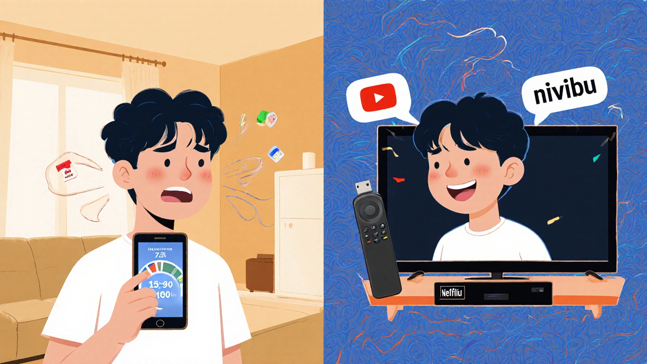 Bir kişi düşük internet hızını kontrol ediyor, ardından 1080p ile akıcı bir izleme deneyimi yaşıyor.