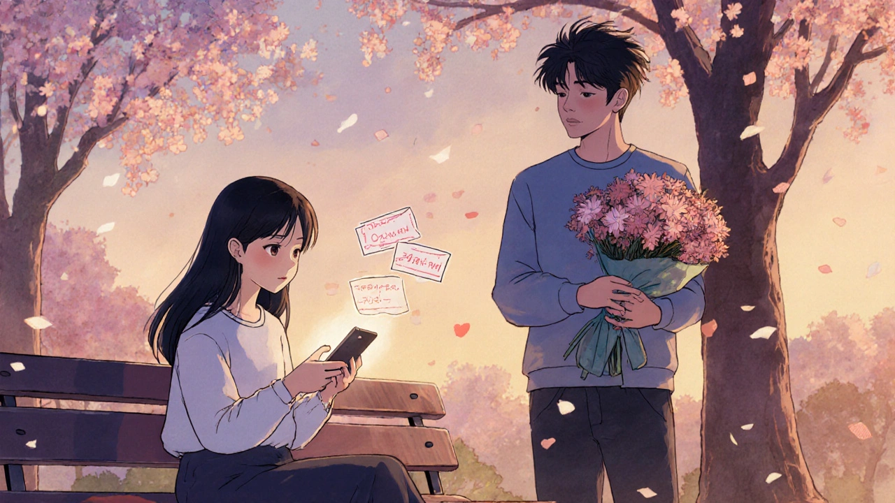 Bir kız, telefonunda gizli mektupları görürken, bir erkek ağaçların arkasında çiçeklerle gizlenir.