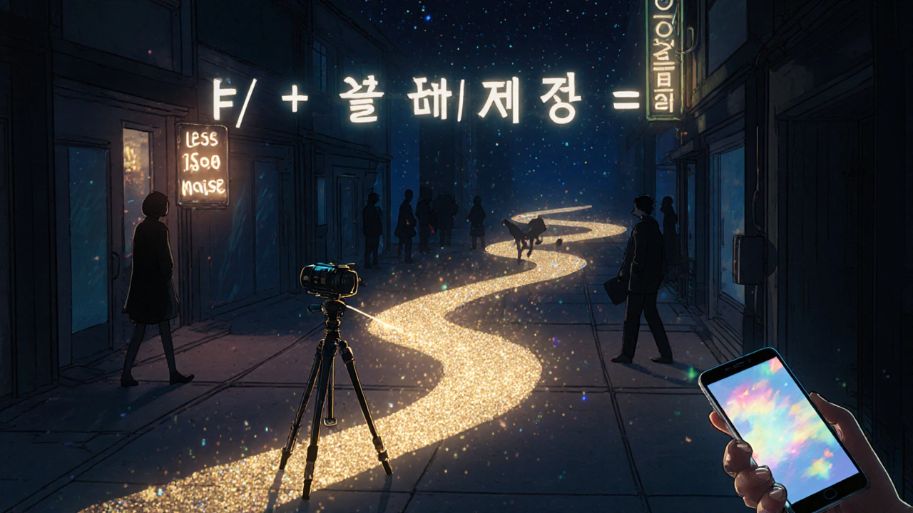 Bir tripod ve kamera karanlık bir sokakta, lensten çıkan ışık görsel bir denklem haline gelmiş, gürültü yıldız gibi parlıyor.