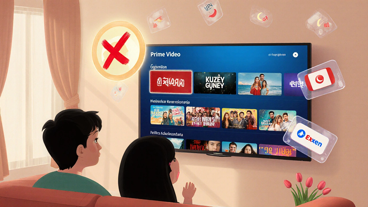 Bir Türk aile, Prime Video&#039;da yerel diziler izlerken VPN engelini gösteren bir işaretle karşılaşıyor.