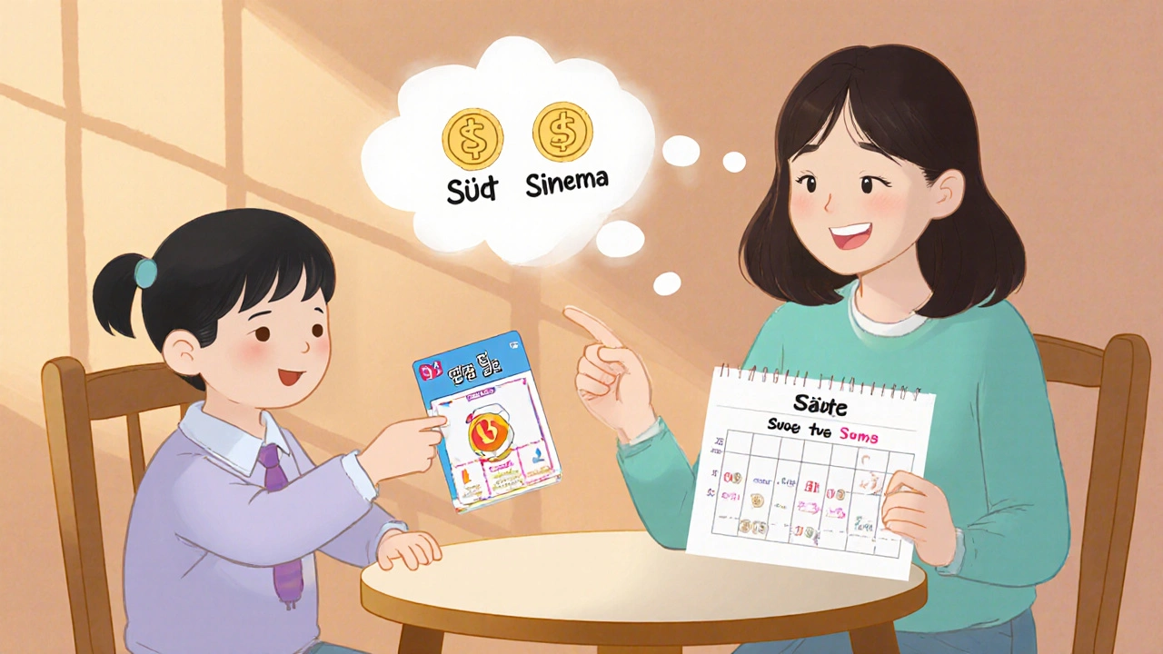 Ebeveyn ve çocuk, haftalık harçlıkla dijital harcama üzerine konuşuyor.