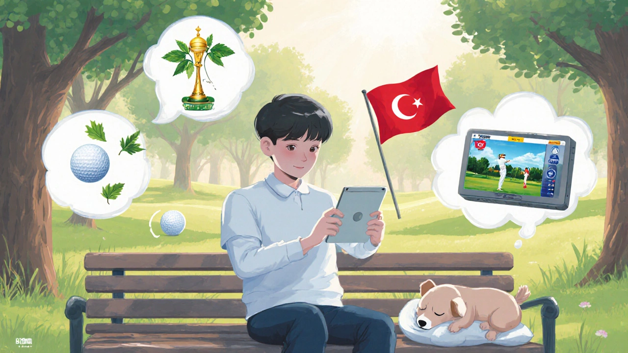 Genç bir golfçü, TRT Spor&#039;dan Ryder Cup&#039;i parkta izliyor ve etrafında canlı özetler uçuşuyor.