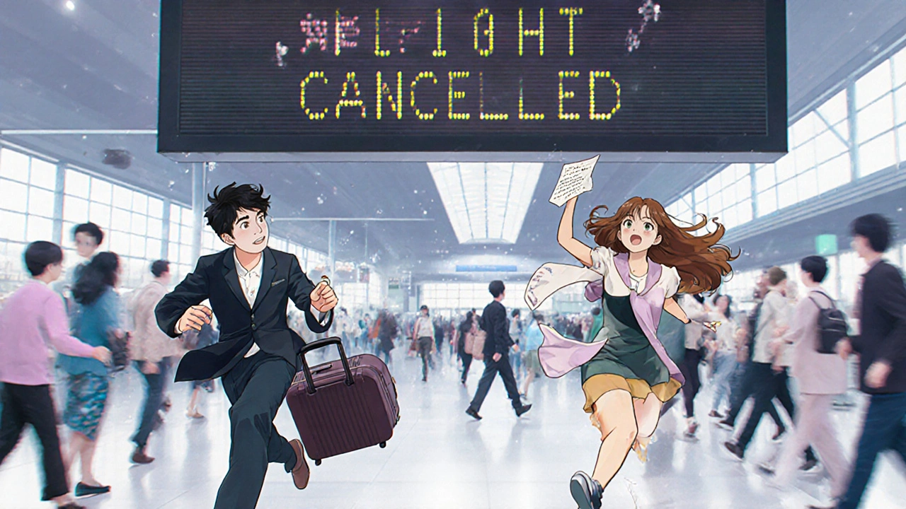 Havaalanında koşan iki aşık, biri valiz tutuyor, diğeri elinde bir notla.