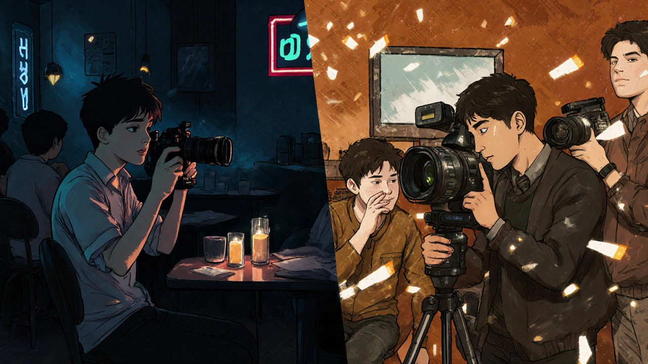 İki sinematograf: biri iPhone ile, diğeri profesyonel kamera ile düşük ışıkta çekim yapıyor, her ikisi de karanlık bir ortamda.