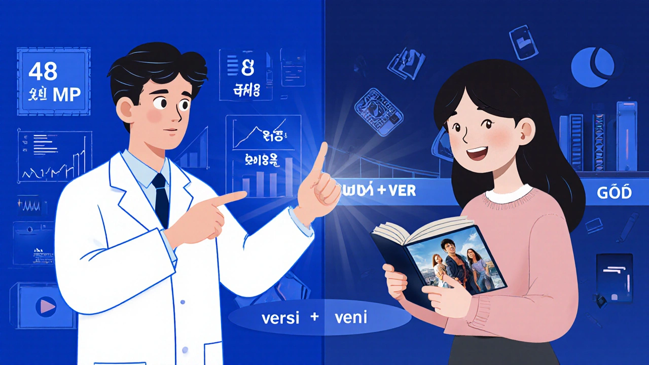 İki tarzın karşılaştırması: bir teknik uzman ve bir okuyucu, duyguyu ve veriyi birleştiren bir köprüyle bağlanıyor.