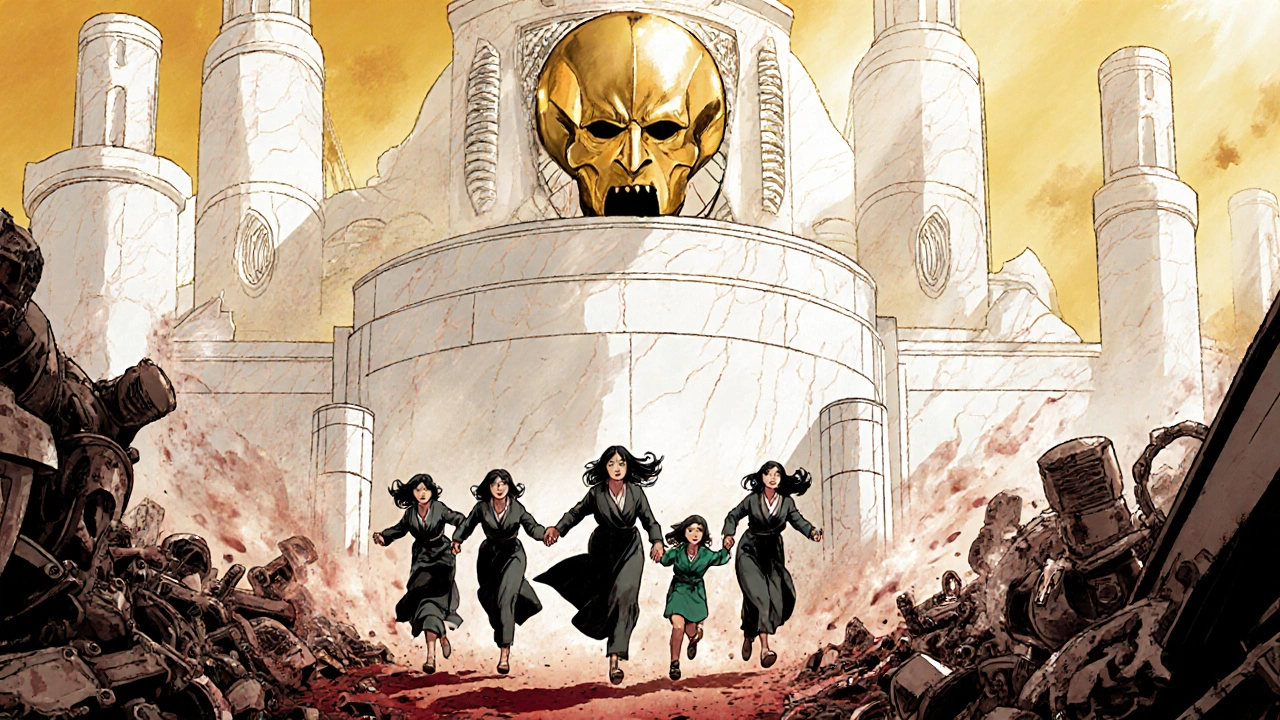 Immortan Joe, beyaz kalede dururken, kaçan beş kadın tozlu bir vadiye doğru koşuyor.