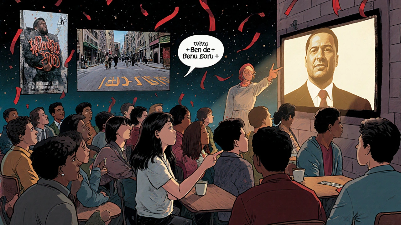 İstanbul&#039;da bir kafede izleyiciler Malcolm X&#039;i izliyor, arka planda Chi-Raq ve Katrina&#039;nın trajedileri yüzer.