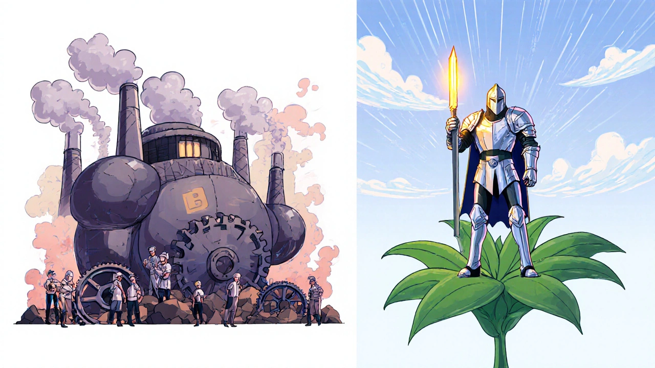 Proof of Work ve Proof of Stake arasındaki karşılaştırma: enerji tüketen makineyle temiz, hafif sistem.