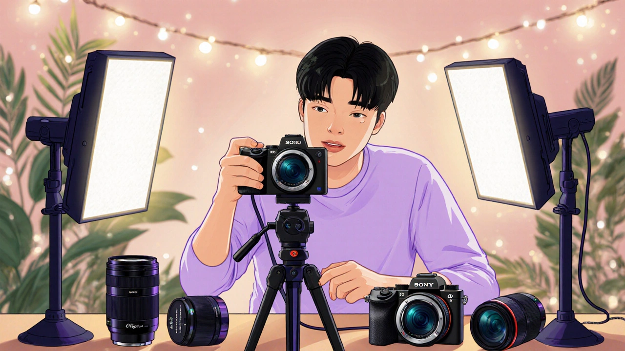 Sony ZV-E10 mirrorless kamera ile profesyonel bir canlı yayın seti, bokeh arka plan ve ek donanımlarla.