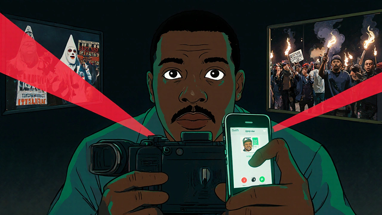 Spike Lee kamera arkasında, Ku Klux Klan ve 2017 Charlottesville olayları arasında bir telefon ekranıyla bağlanıyor.