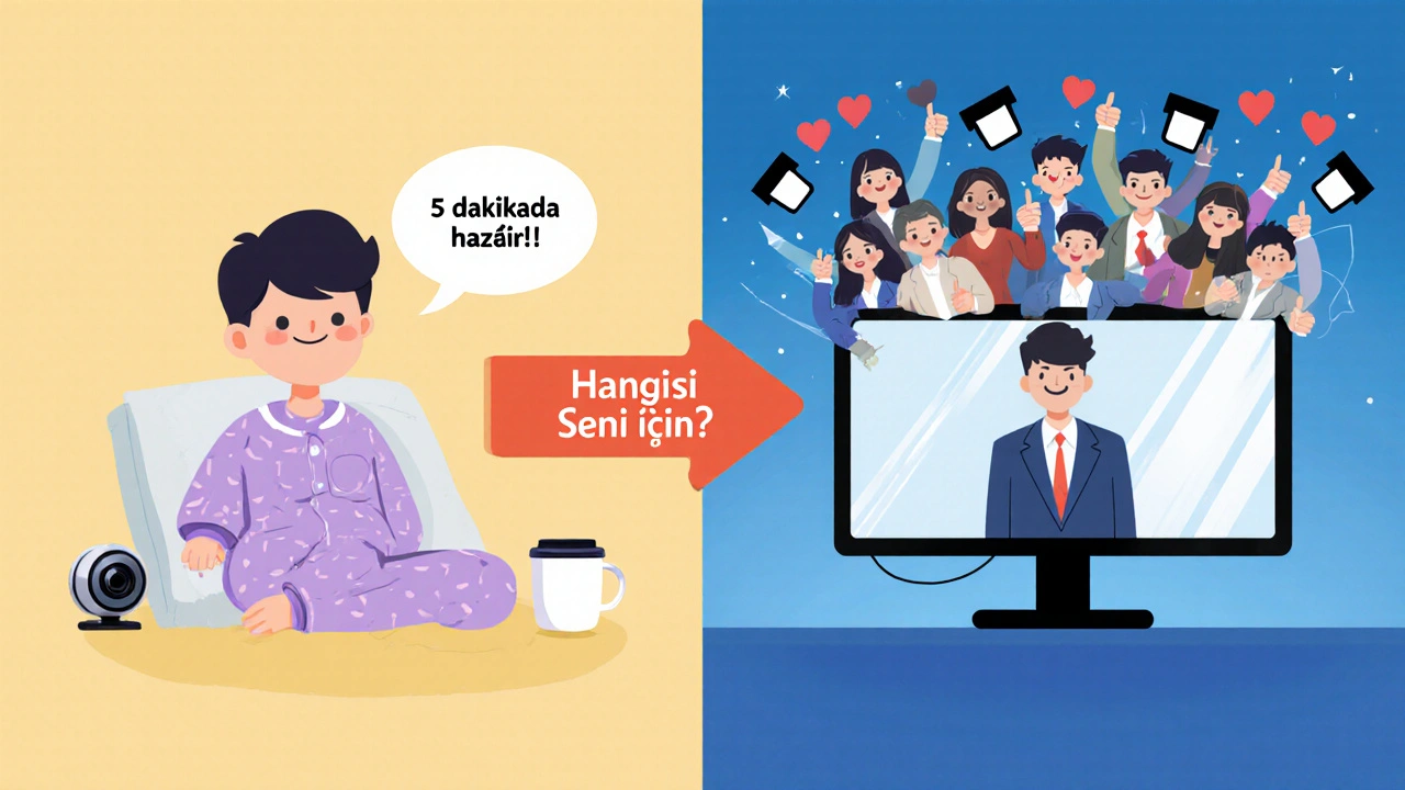 Webcam ve mirrorless kamera karşılaştırması, iki farklı canlı yayın ortamı gösteren komik bölünmüş sahne.