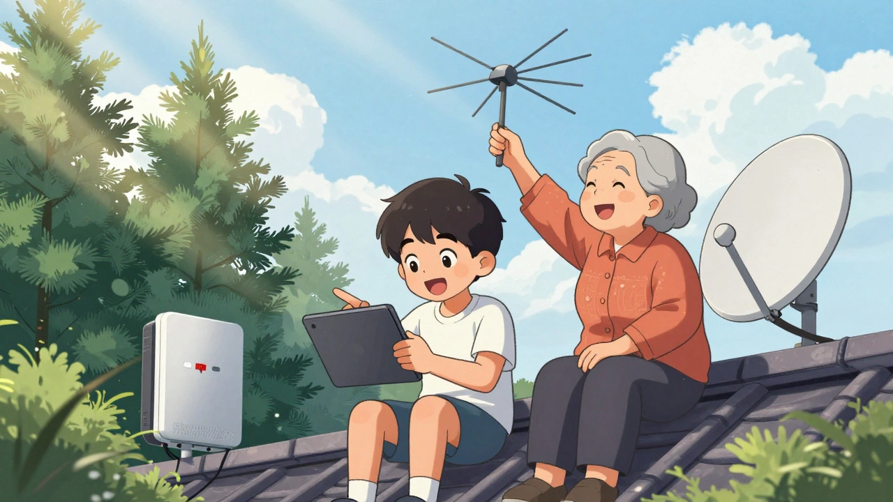 A boy streams 4K content while his grandmother adjusts an antenna under morning sunlight.