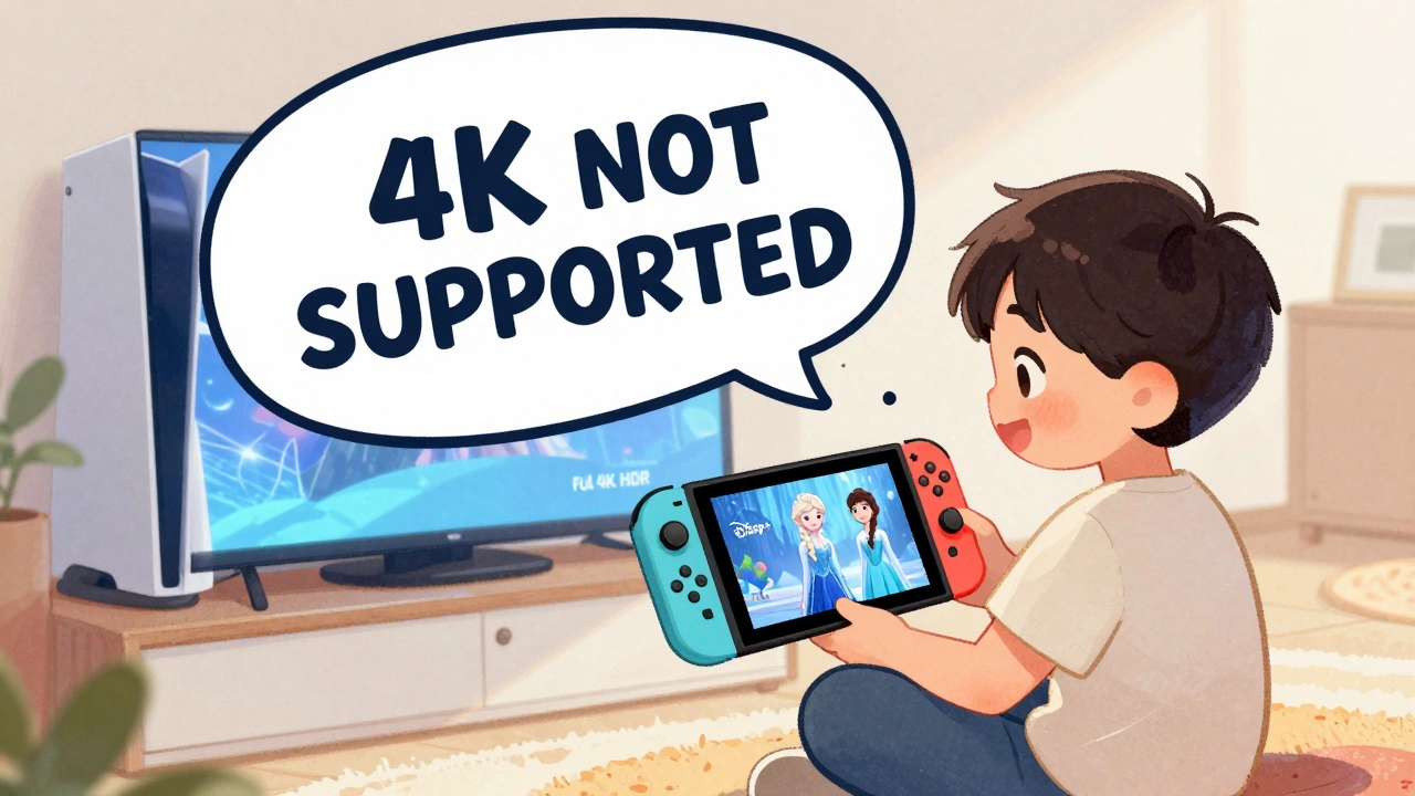 A child watches Disney+ on a Nintendo Switch with a &#039;4K NOT SUPPORTED&#039; warning above, while a PS5 streams in HD in the background.