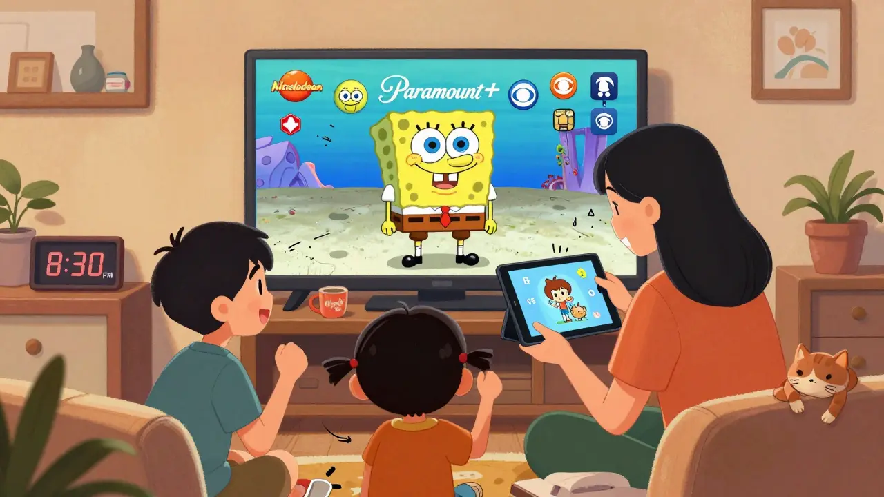 A family enjoys Paramount+ with live TV, kids cheering at 'The Loud House' while a parent sets screen time limits on a tablet.