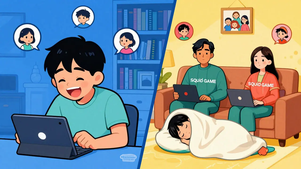 A family uses Netflix simultaneously: kids watch 'Bluey' while parents watch a mature show, with profile icons and a subtle ad sticker.