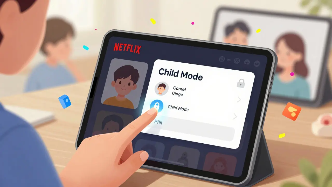 A mother creating a child profile on a tablet with Child Mode and PIN settings visible.