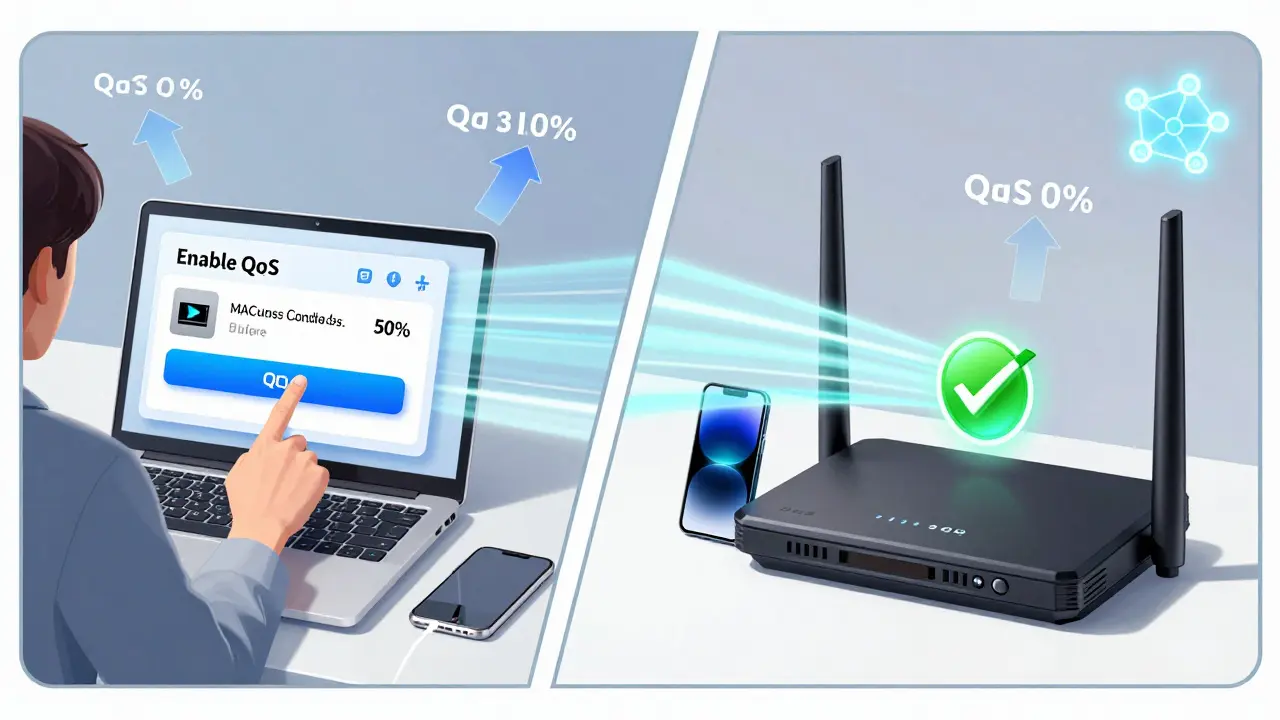 A person enabling QoS on a router, assigning 50% bandwidth to a TV with smooth streaming indicators.