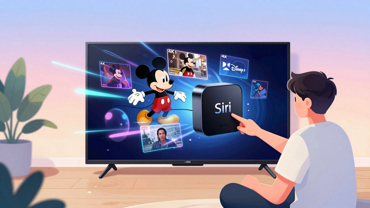 A person uses Siri on an Apple TV 4K to launch Disney+, with floating 4K video frames and sound waves.