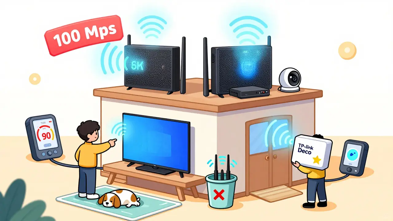 A two-story house with mesh Wi-Fi nodes providing strong signals to all devices, while a broken extender is thrown away.