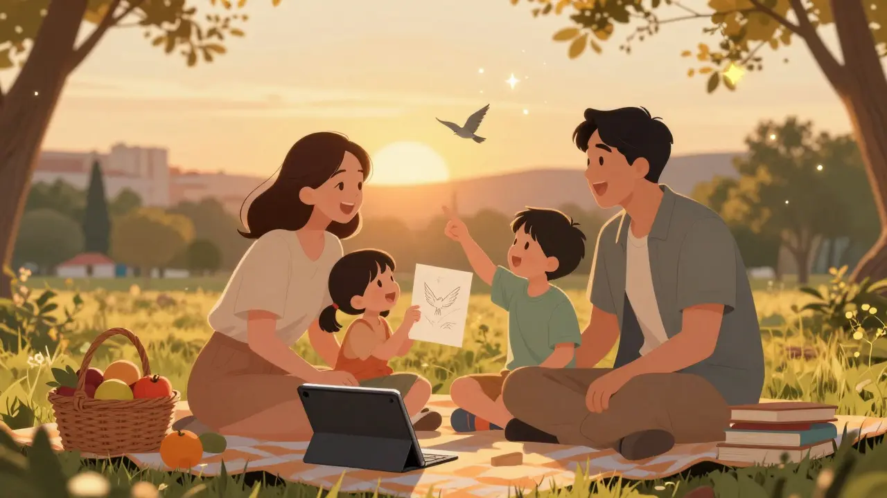 Aile, Çukurova Parkı'nda güneşin batışında piknik yapıyor, çocuk elinde çizim tutuyor.