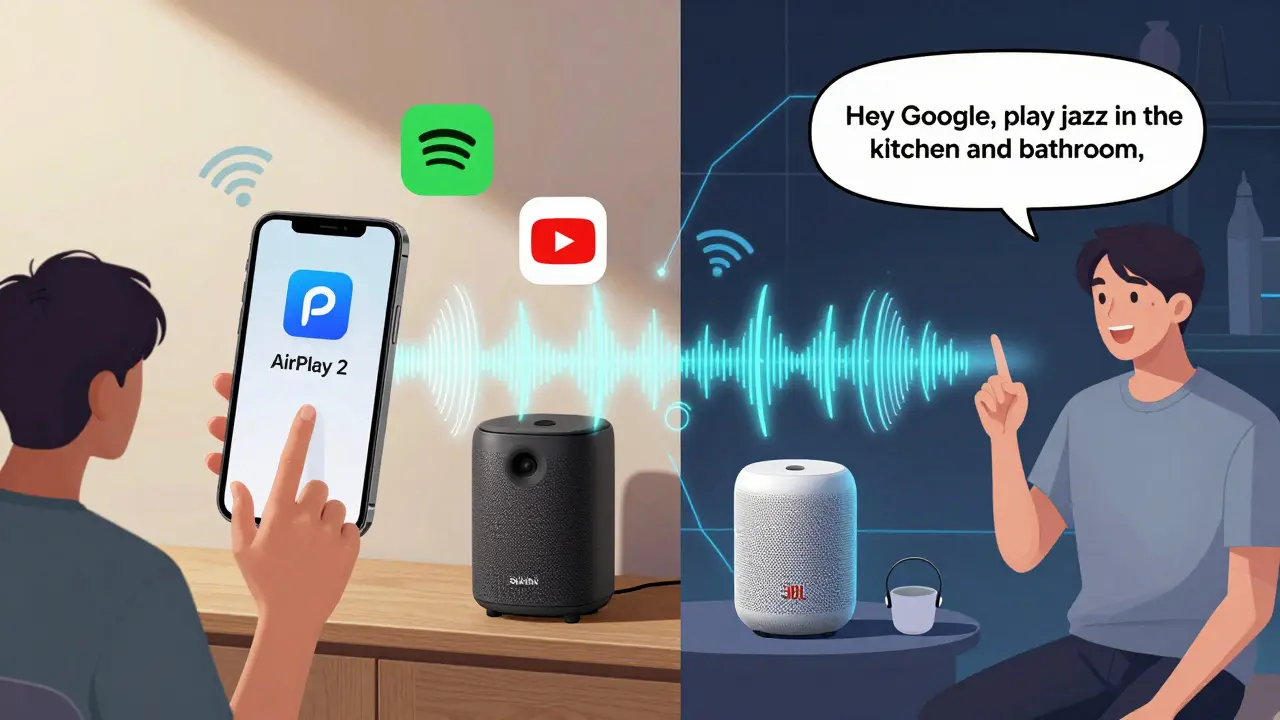 AirPlay 2 ve Google Cast ikonları ile senkronize müzik akışı gösteren, Wi-Fi sinyalleriyle bağlanan hoparlörler.