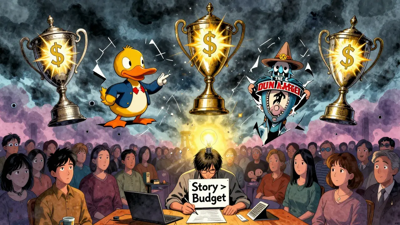 Beş başarısız film patlıyor, bir yapımcı küçük bir masa üzerinde senaryo yazıyor.