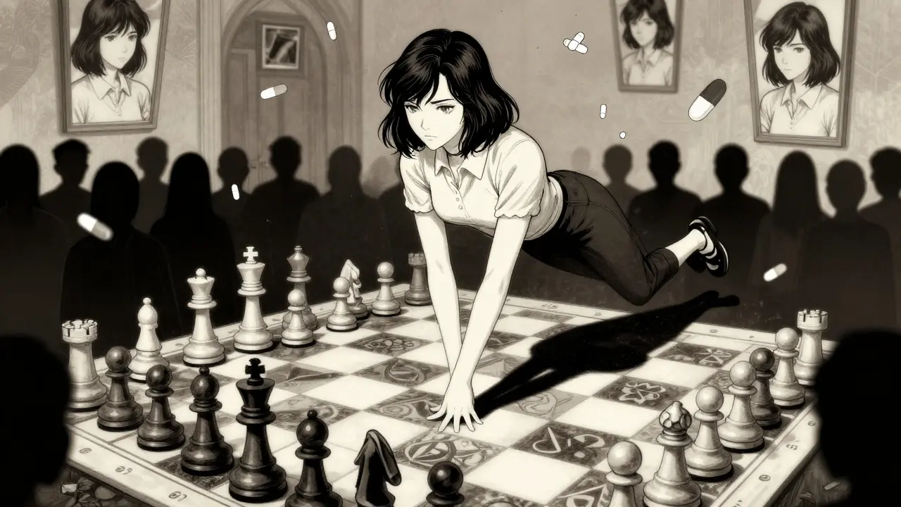 Beth, dev bir satranç tahtasının üzerinde, etrafında pil ve taşlar dönüyor.