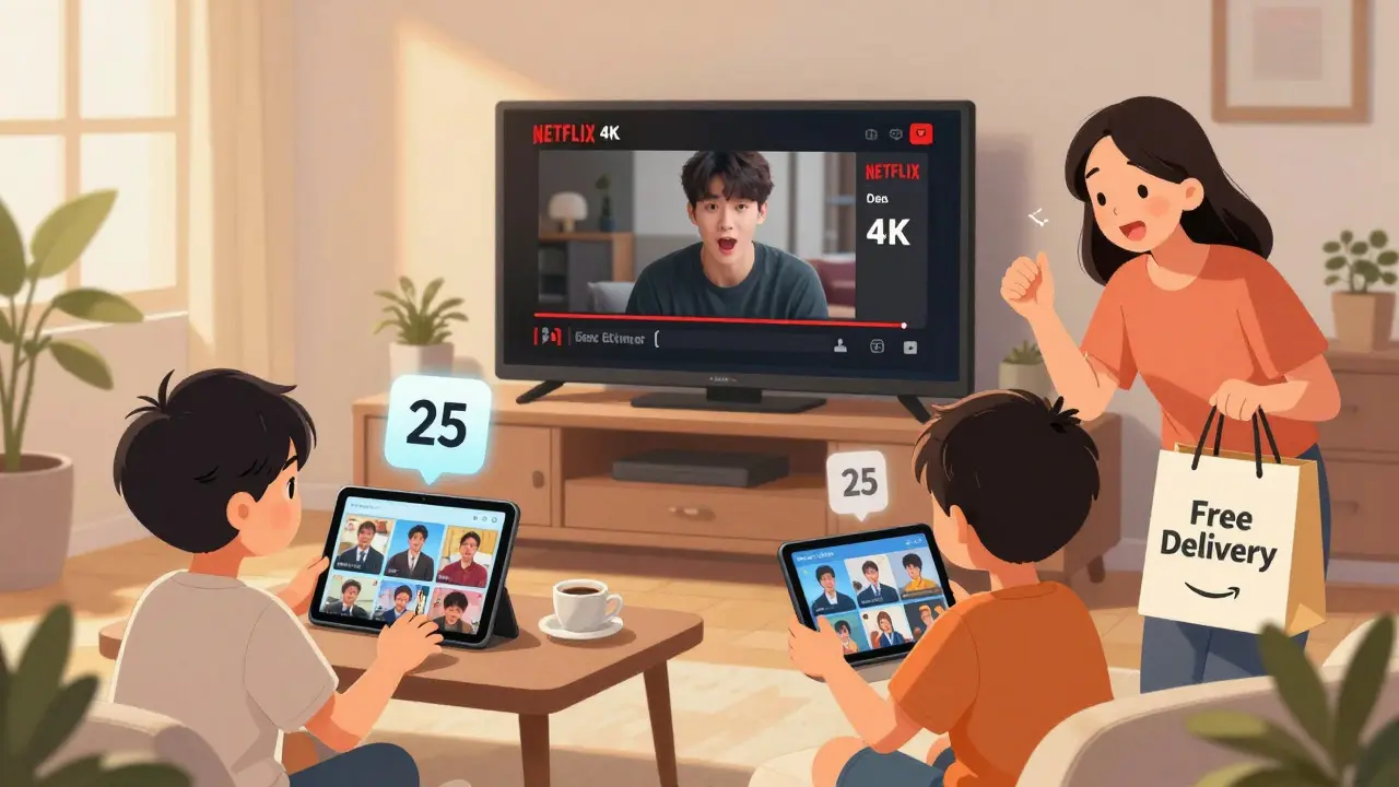 Bir aile, Amazon Prime ile birden fazla cihazda içerik indirirken, bir birey Netflix'te 4K izliyor.