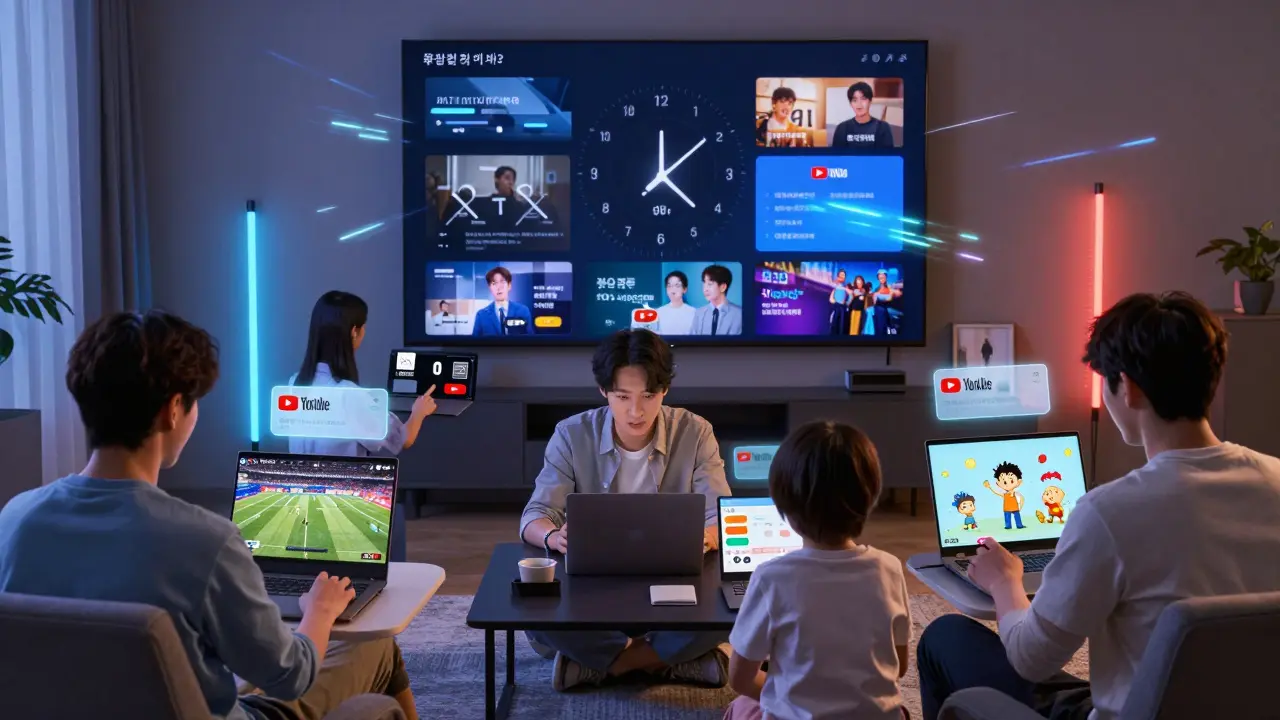 Bir aile, YouTube TV ile herkesin kendi profilinde sınırsız kayıt ve 4K spor izliyor.