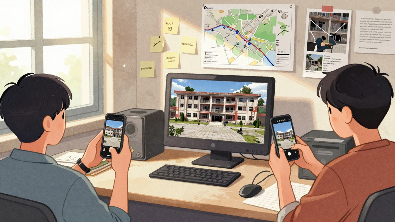 Bir film ekibi, bilgisayarlarda gizli çekim yerleri arıyor, duvarda haritalar ve sosyal medya çıktıları var.