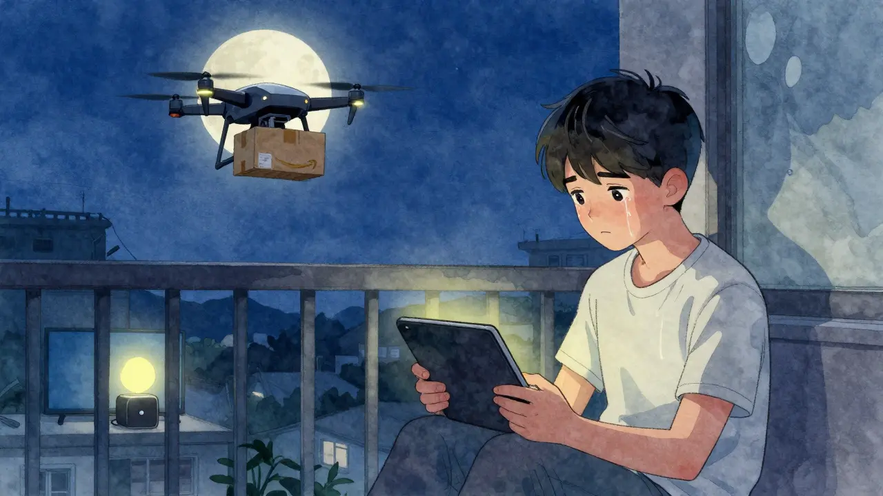 Bir genç kız 'Yalnızlar' dizisini izlerken yalnızlık içinde, Amazon drone'u gökyüzünde, Korean webtoon tarzında.