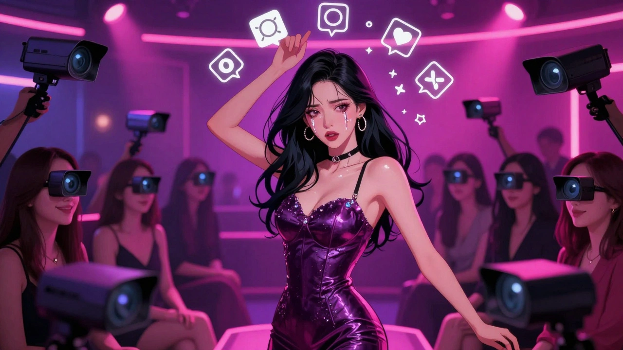 Bir kadın dans ediyor, etrafında binlerce kamera lensi ve izleyicilerin gözleri kameralarla yer değiştirmiş.