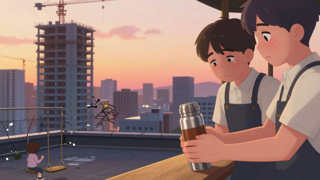 Bir kafe sahibi, bir sinemacıya kahve veriyor, arka planda şehir manzarası ve kırık bir salıncak.