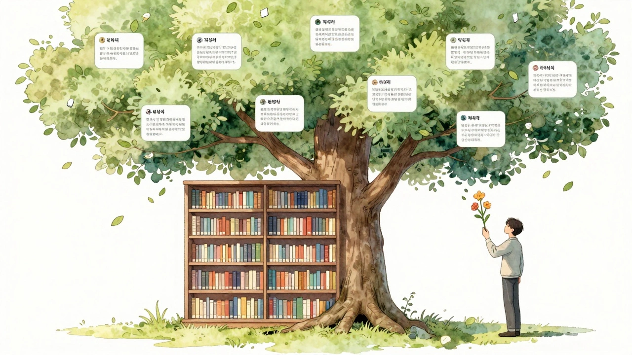 Bir kitap rafı, inceleme bölümlerini taşıyan bir ağaç haline gelir, yapraklar küçük incelemelerden oluşuyor.