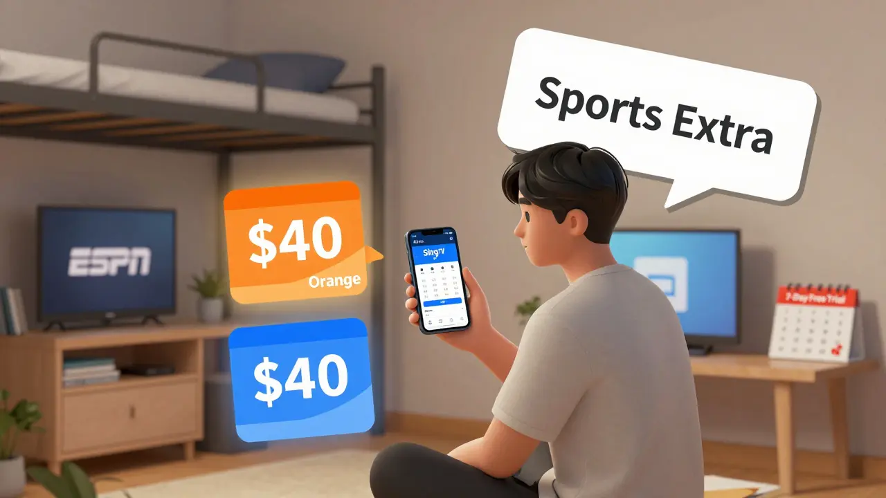 Bir öğrenci, Sling TV'nin temel paketini kullanıyor ama ekstra maliyetler gözüküyor.