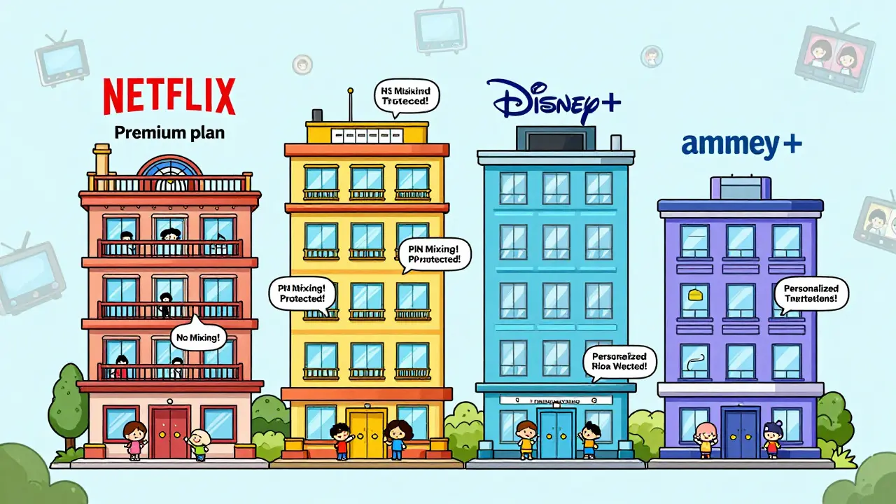 Cartoon buildings representing streaming services with profile and device limits illustrated visually.