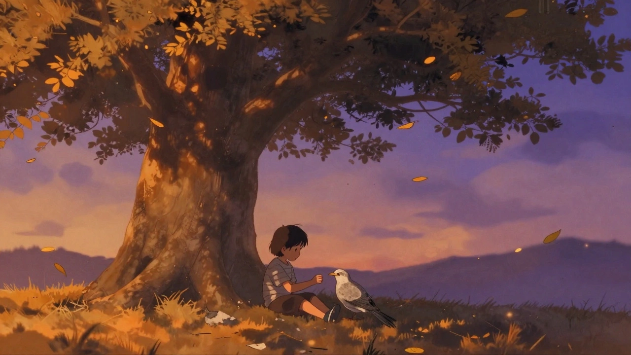 Çocuk ve kuş, büyük bir ağaç altında neredeyse elleriyle dokunuyorlar, arka planda sıcak renkler yayılıyor.