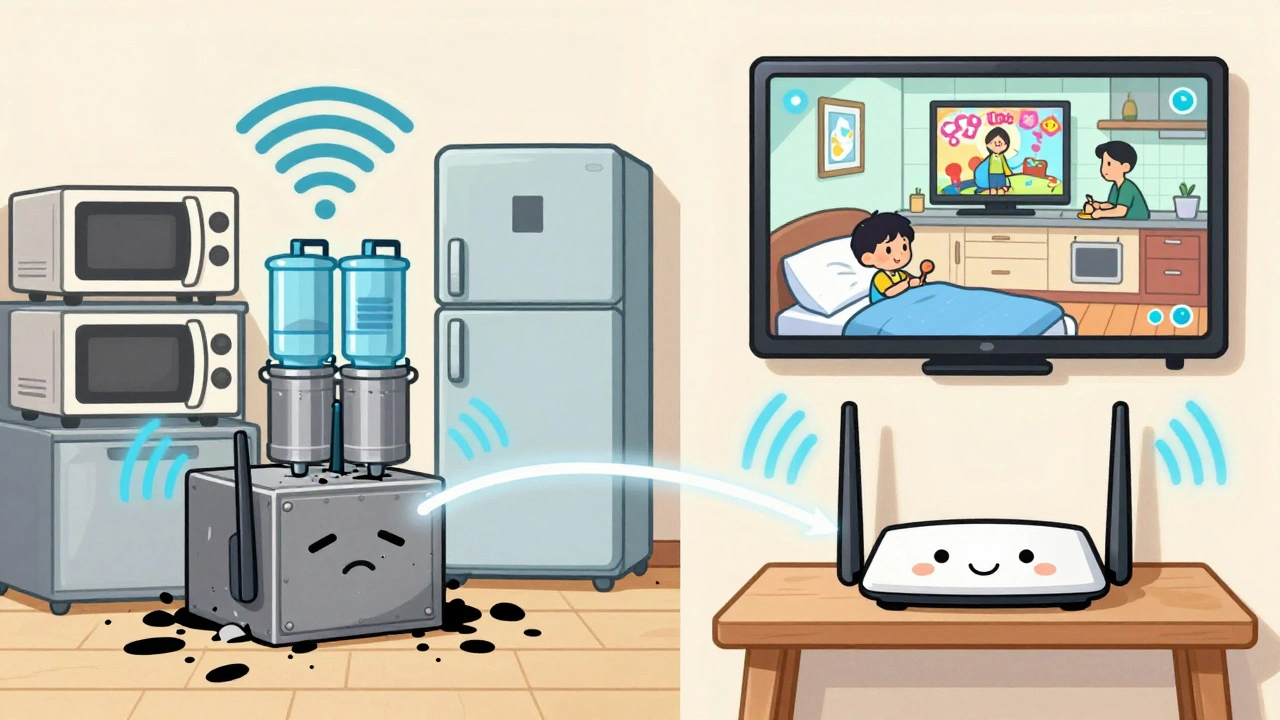 Contrasting scenes: a router buried in metal appliances with weak signals vs. one on a shelf with strong, clear signals.