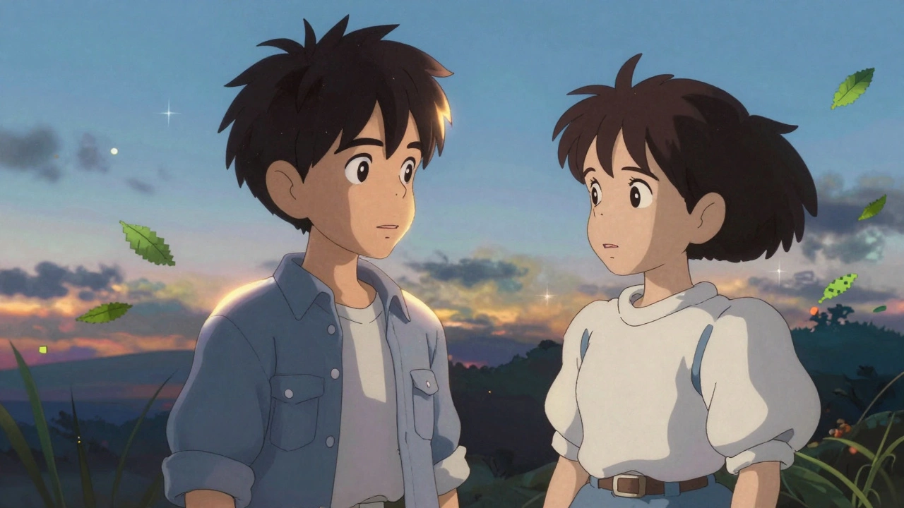 El ile çizilmiş bir çocuk ve CGI karakter, birlikte bir büyüleyici manzara içinde duruyor.