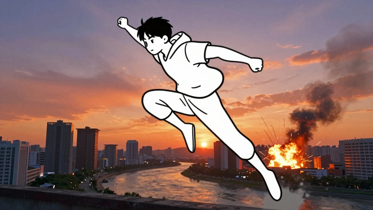 El ile çizim karakter, CGI arka planda bir şehirde zıplıyor, renkli bir gün batımı arka planda.