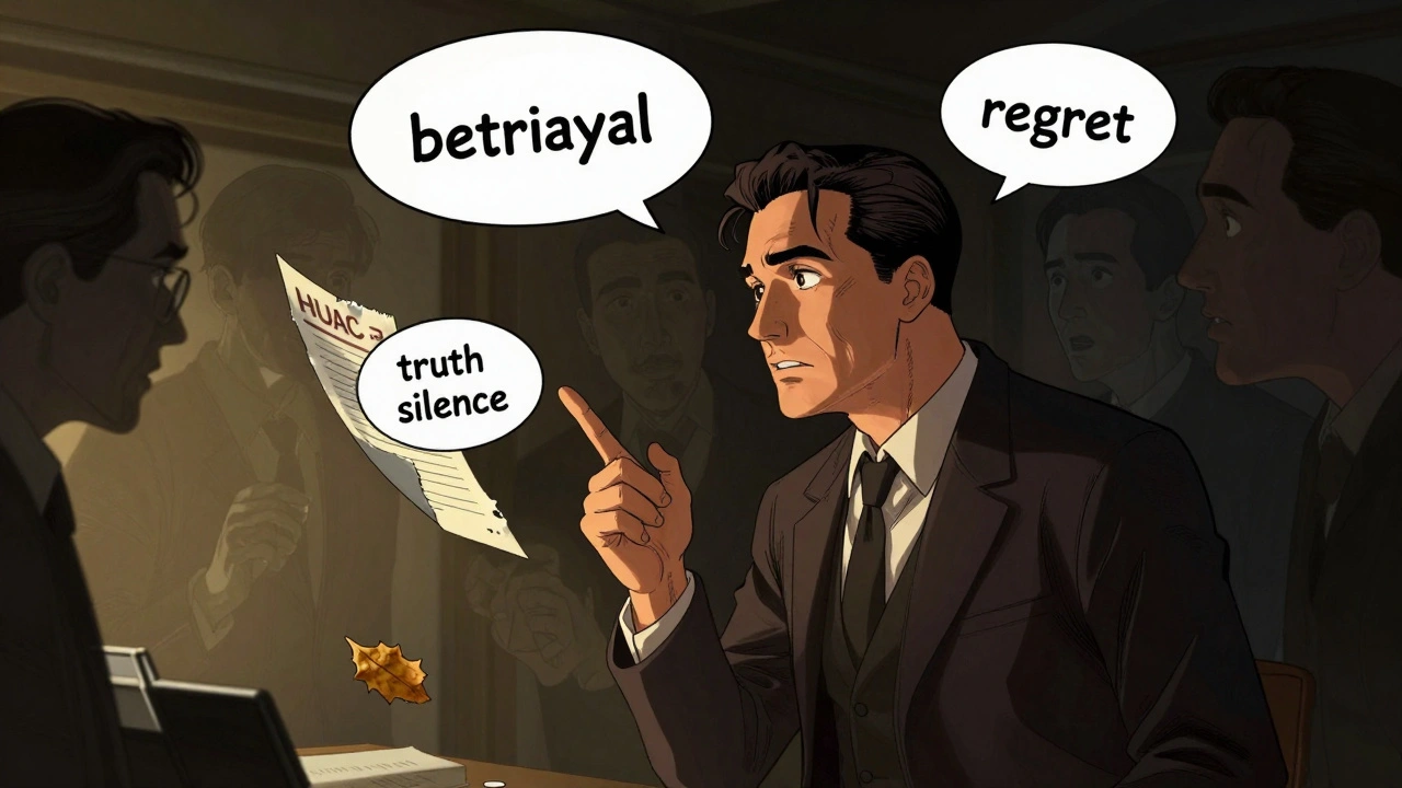 Elia Kazan at a film set, half in light, half in shadow, ghostly figures whispering around him.