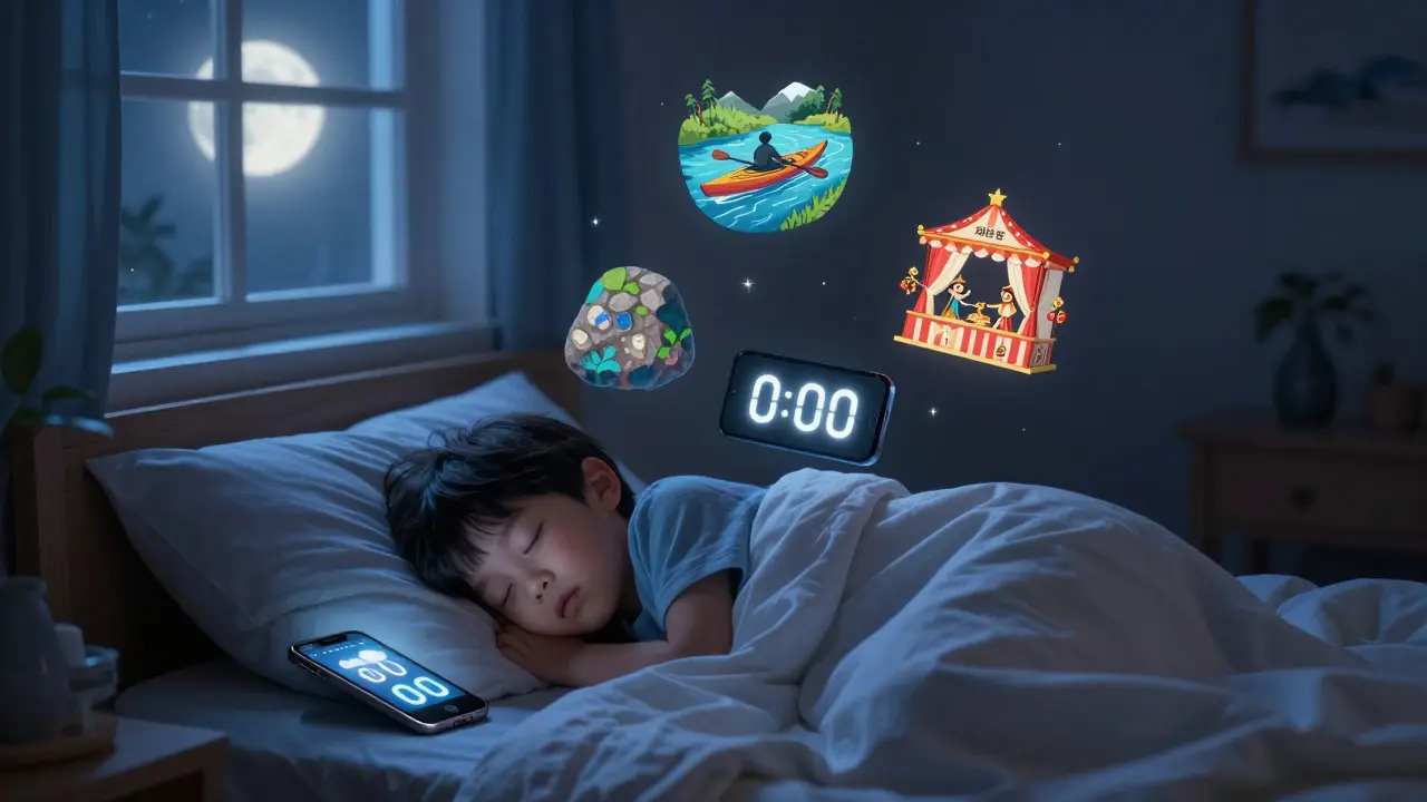 Gece, çocuk uyuyor, ekran zamanı sıfır, rüyasında doğa ve yaratıcılık sahneleri görünüyor.