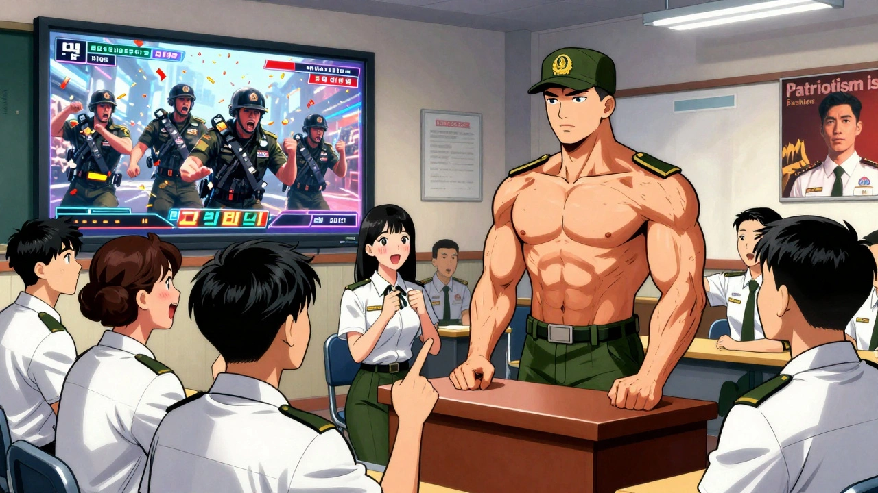 Gençler askerlerin bedenini alkışlıyor, arka planda savaş bir oyun show&#039;u gibi gösteriliyor.