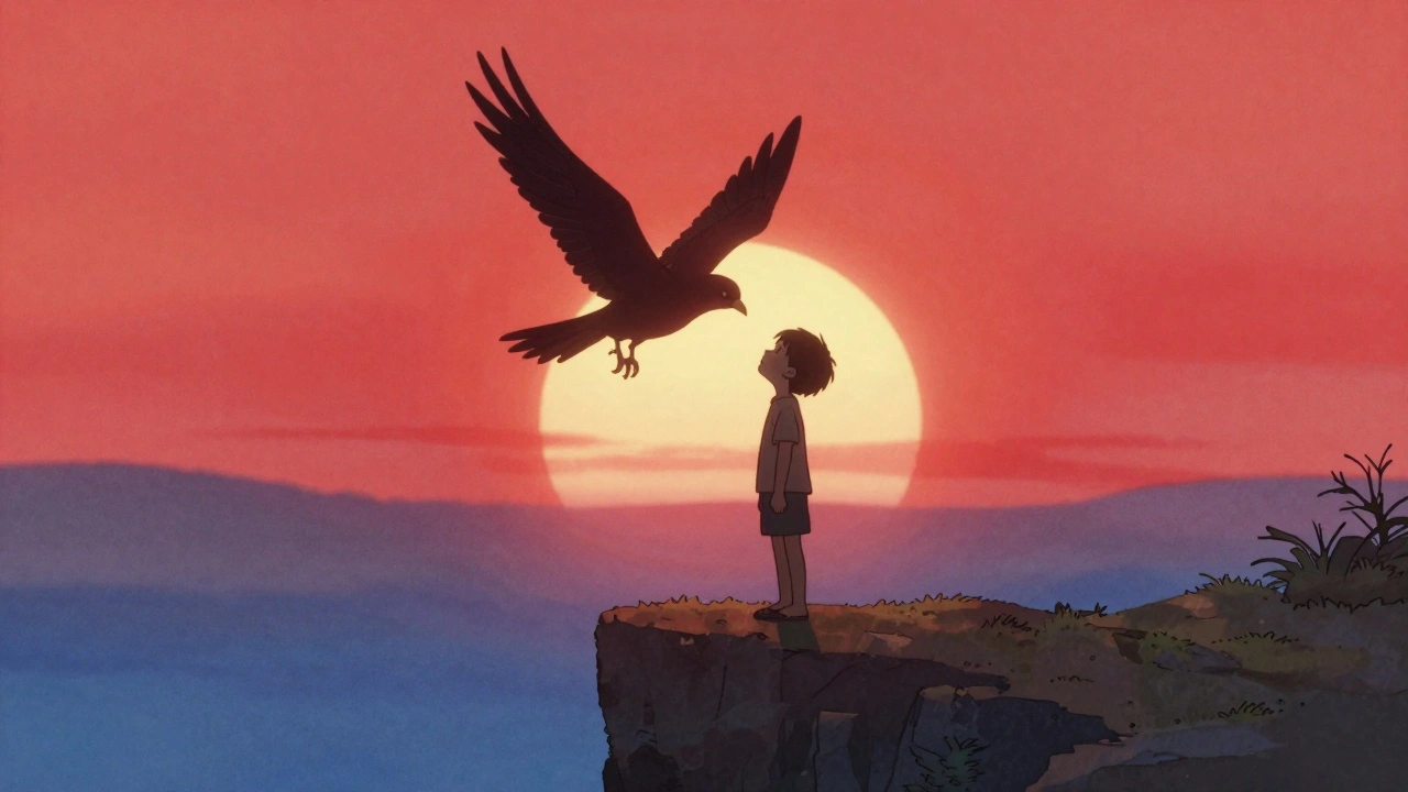 Güneşin doğuşunda, çocuk ve kuş kırmızı bir gökyüzü altında sessizce duruyorlar, kuşun kanatları yeniden doğmuş.