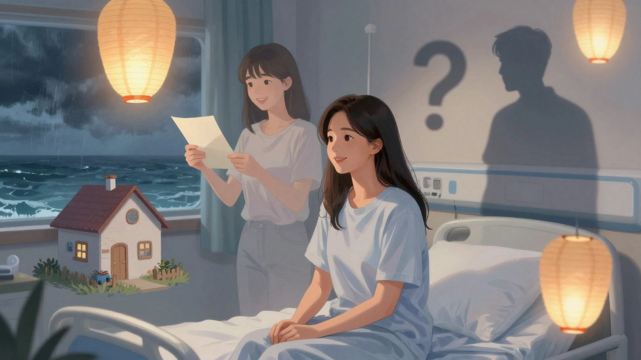 Hastanede oturan bir kadın, geçmişteki kendisiyle birlikte, anılar ışık balonları gibi etrafında yüzer.