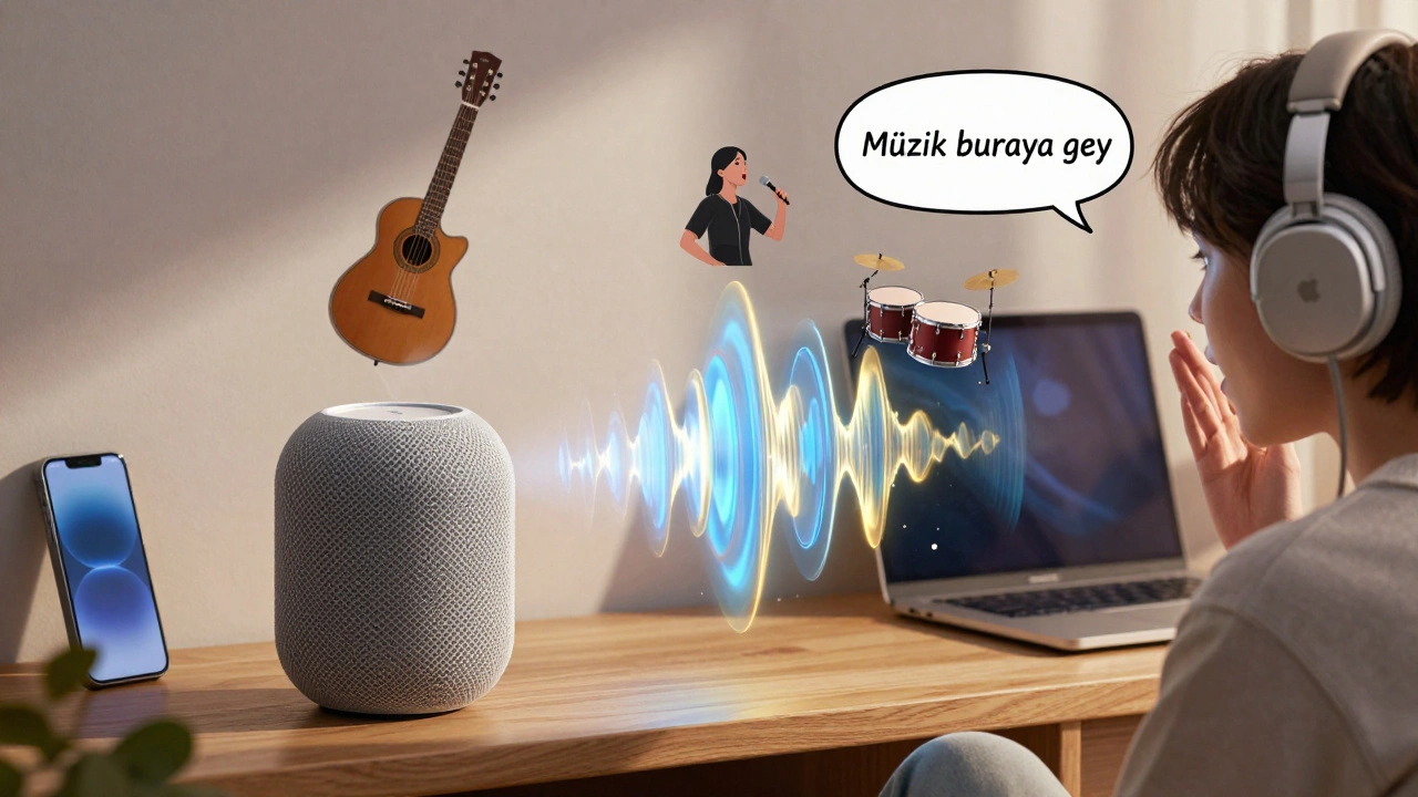 HomePod&#039;dan 3D ses dalgaları yayılıyor, müzik aletleri havalı bir şekilde etrafında dönüyor.