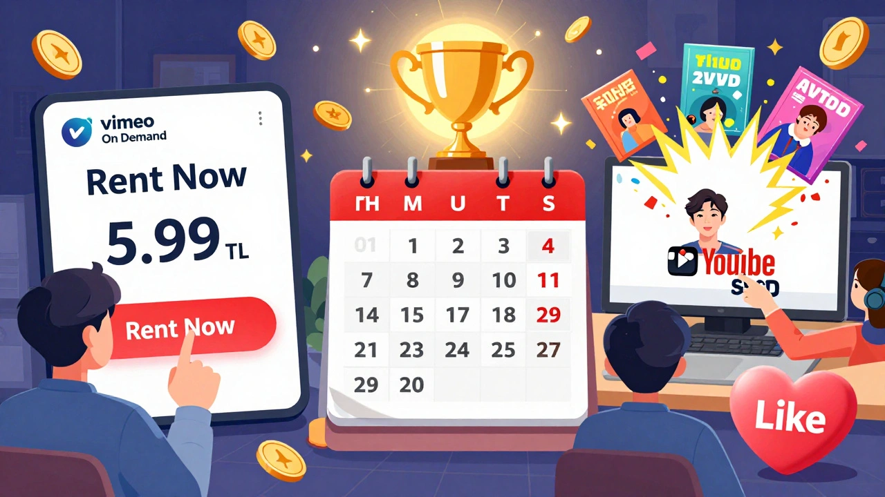 İki farklı ekran: birinde film kiralanıyor, diğerinde reklamlar patlıyor, merkezde bir takvim filmin dağıtım aşamalarını gösteriyor.